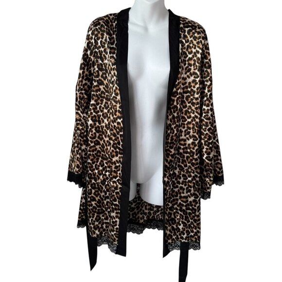 New Leopard Print Robe Womens Medium Long Sleeve Black Lace Trim Satin Mob Wife - Picture 7 of 14